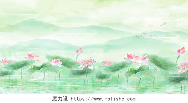 荷花香包山水风景古风中国风水墨水彩手绘国画背景展板背景